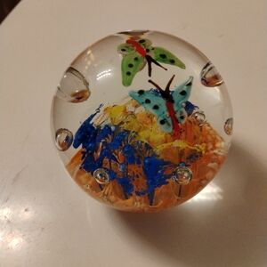 Colorful Glass Paperweight with Butterflies "Murano Style Art Glass"
